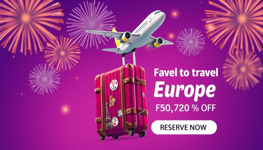 Colorful travel poster with airplane and suitcase illustration.