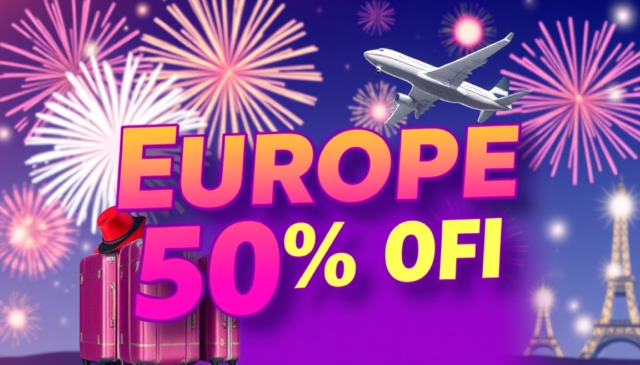 Travel to Europe 50% off ad with luggage and airplane.