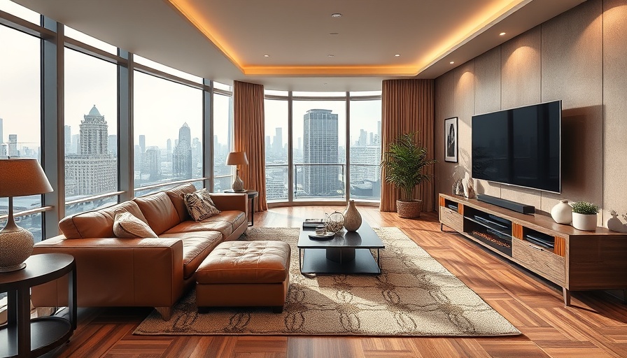 Modern living room with city views, leather sofa, geometric rug.