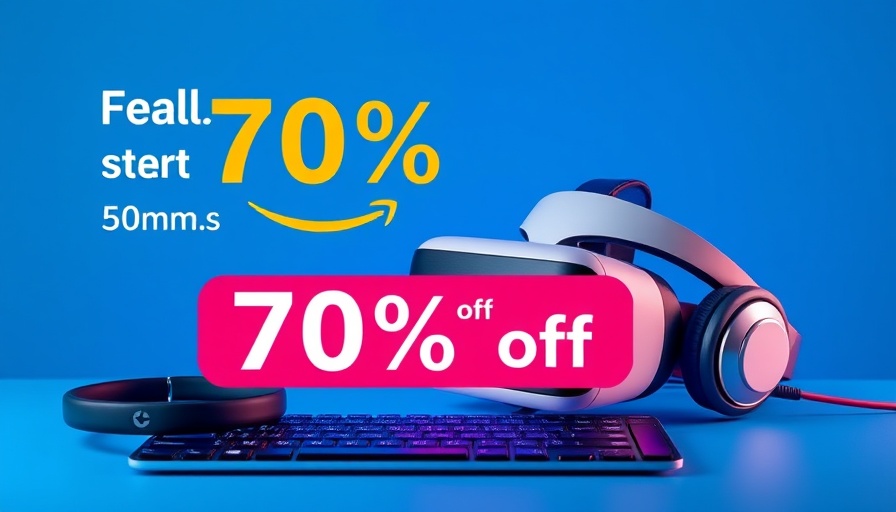 Digital ad with VR, headphones on blue background, promoting Amazon discount