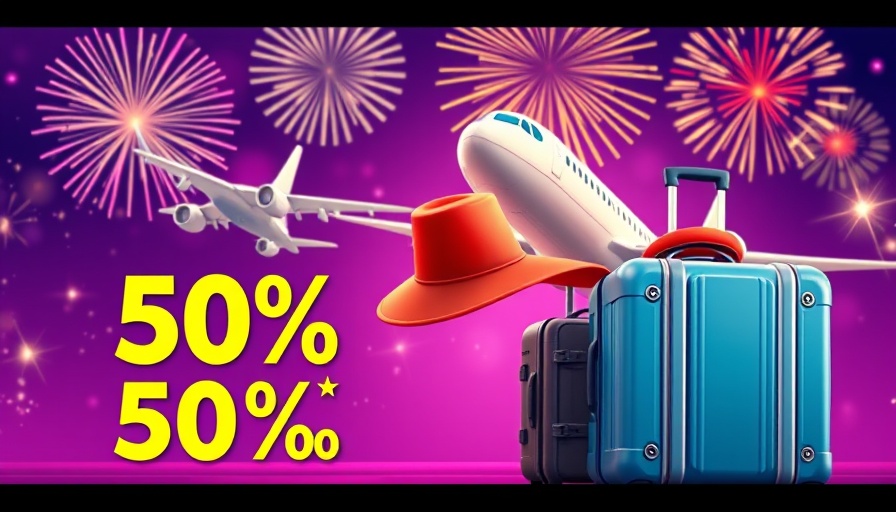 Travel to Europe poster with suitcase and plane, 50% off.