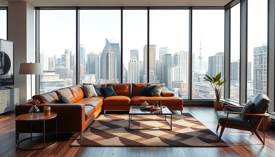 Modern living room with large windows showing a cityscape, Brooklyn basement track lighting.