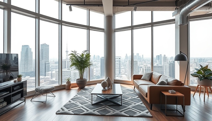Stylish loft apartment interior with a city view and natural light.