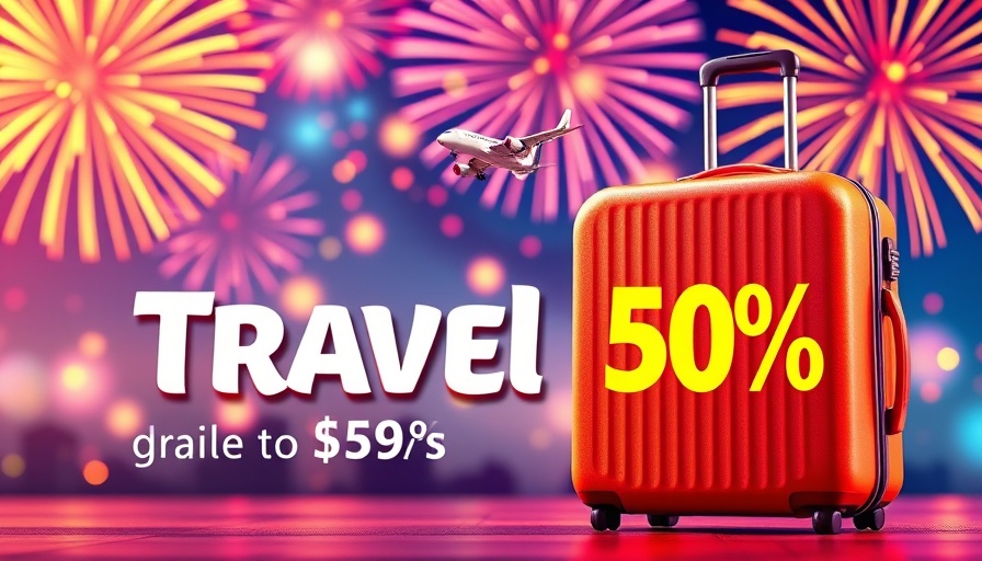 Travel ad for Europe with suitcase and airplane, 50% off.
