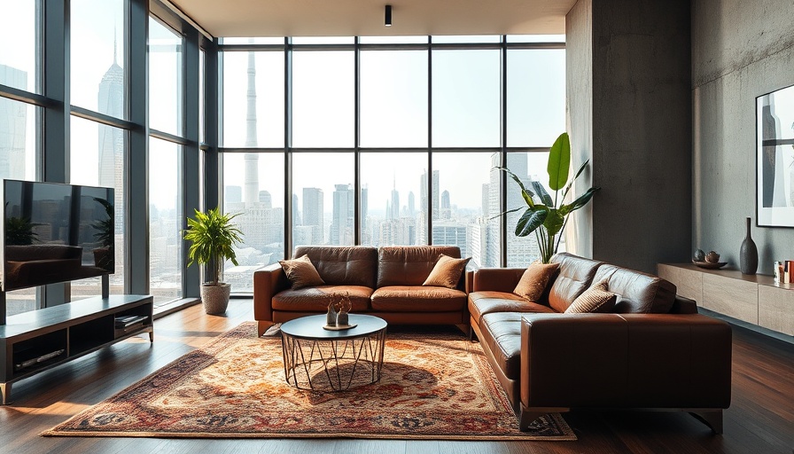Modern living room with city view and leather sofa for best air purifiers for humidity control.