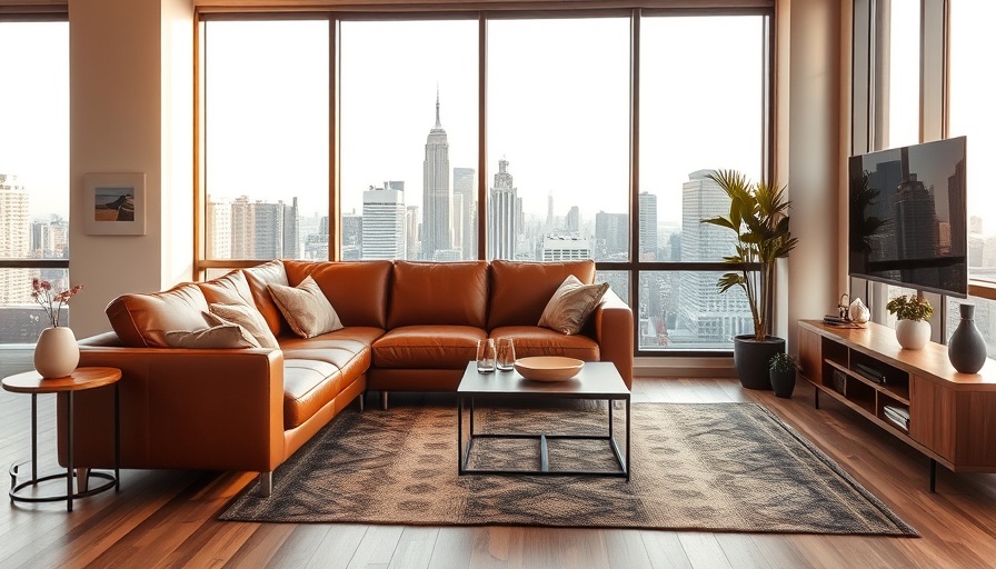 Cozy Brooklyn living room with stylish flooring, city view.