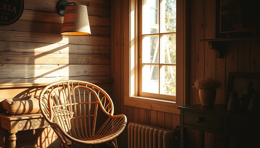 Warm interior with rattan chair and unique lampshade, cozy ambiance.