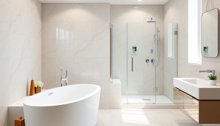 Contemporary bathroom with walk-in tub and curbless shower, highlighting accessibility.