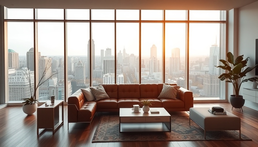 Modern living room with city view and minimalistic design.