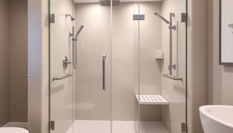 Modern walk-in shower with safety features including grab bars.