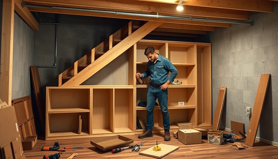 A person assembling under-stair storage units in a Brooklyn basement.