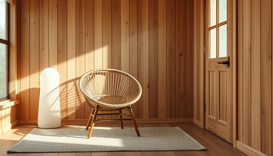 Cozy wooden interior with wicker chair and ghost lamp, serene ambience.