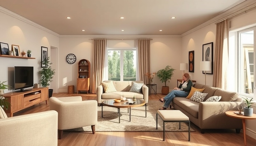 Living room with senior-friendly modifications, wide view.
