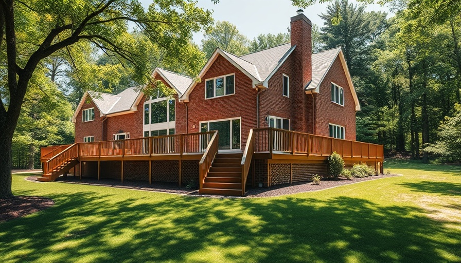 Large brick house with wooden deck under sunny skies, lush surroundings.