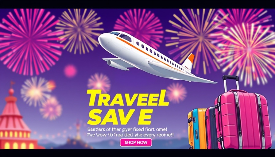 Travel promotion with airplane and luggage, 50% off
