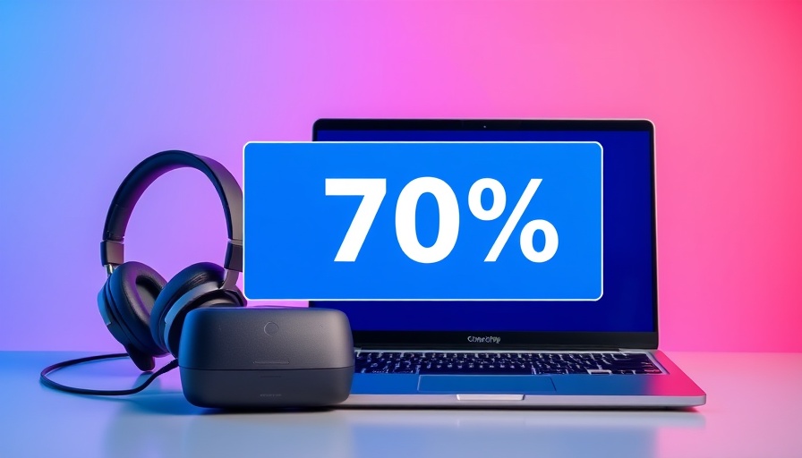 Electronic devices in a promotional ad with discount text.