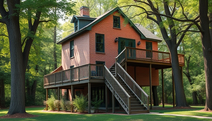 Elevated brick house with large wooden deck and stairs.