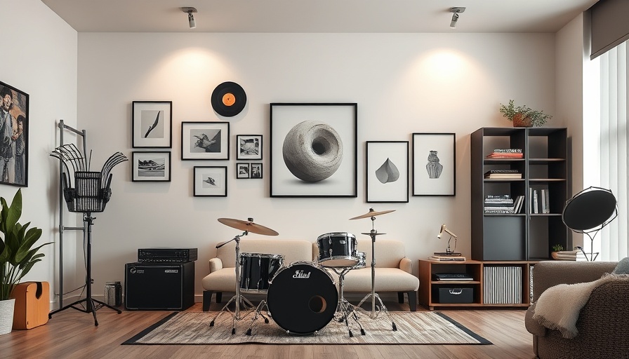 Modern living room with drum set and smart storage solutions.