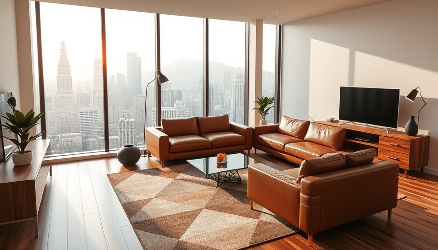 Stylish basement office design with leather sofa and city view.