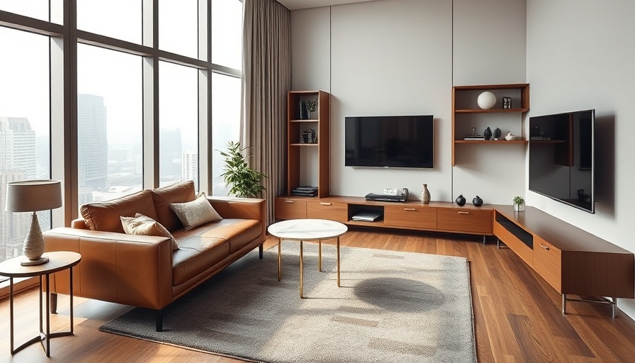 Modern living room with smart storage, featuring a brown leather sofa.