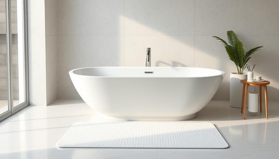 Modern white anti-slip bath mat in a minimalistic bathroom.