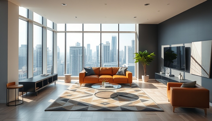 Modern living room with city view and sleek decor.