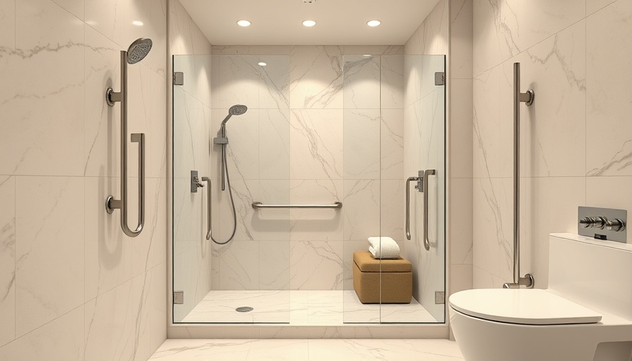 Spacious walk-in shower with safety features for seniors.