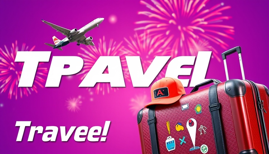 Vibrant travel ad with luggage and airplane, colorful design.