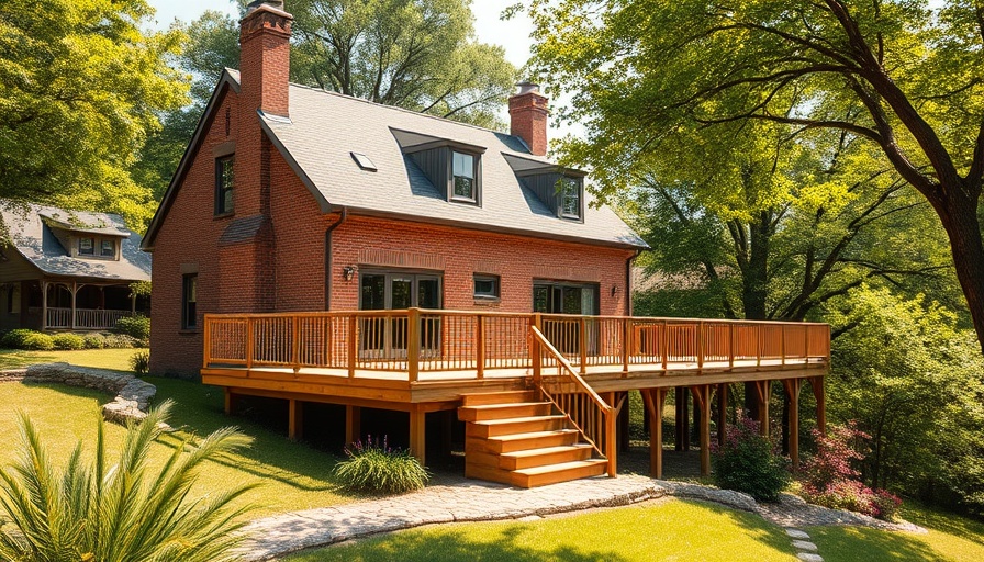 Large elevated brick house with wooden deck and greenery.