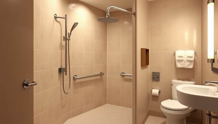 Modern ADA-compliant shower with grab bars and hand-held shower head.