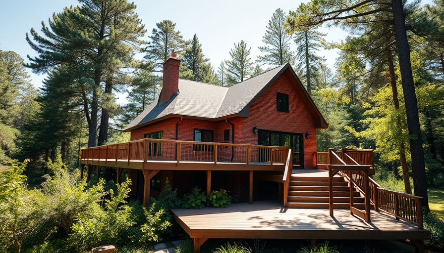 Elevated red brick house with wooden deck in lush greenery.