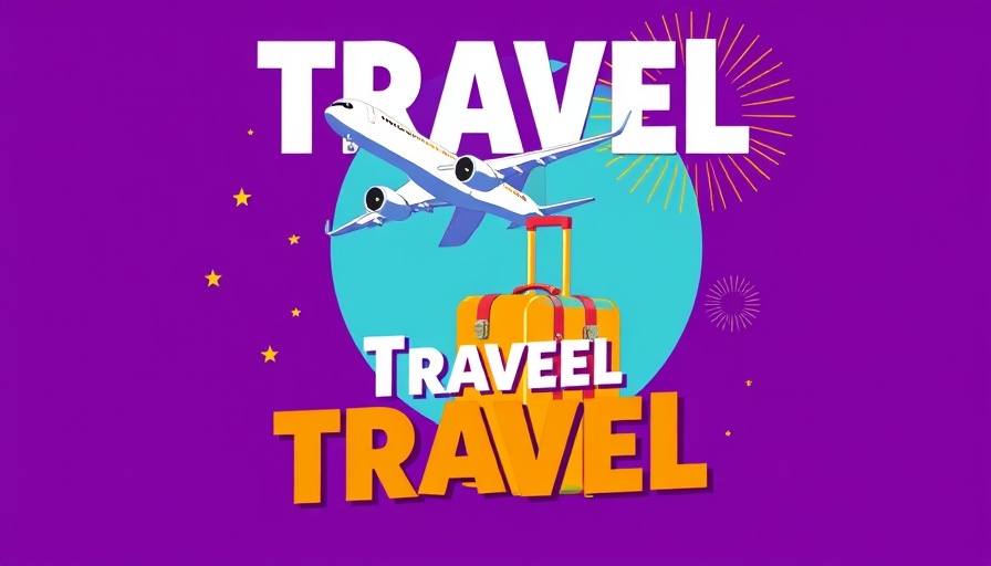 Promotional travel poster with airplane and suitcase on purple background
