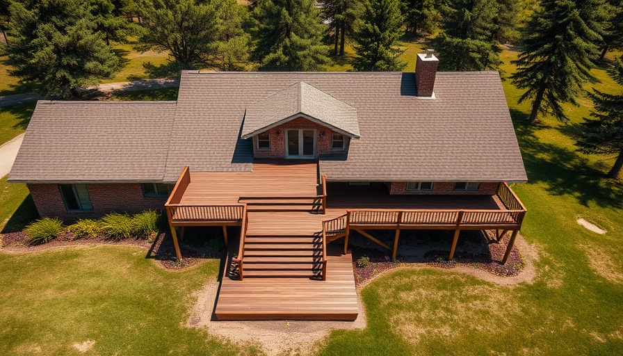 Aerial view of a rustic brick house with a large wooden deck and stairs.