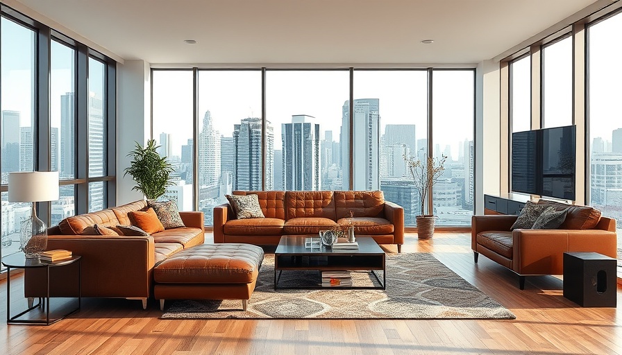 Stylish modern Brooklyn living room with city view for storage solutions.