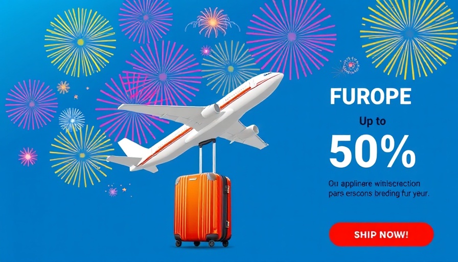 Travel to Europe, vibrant ad with plane and luggage, 50% off.