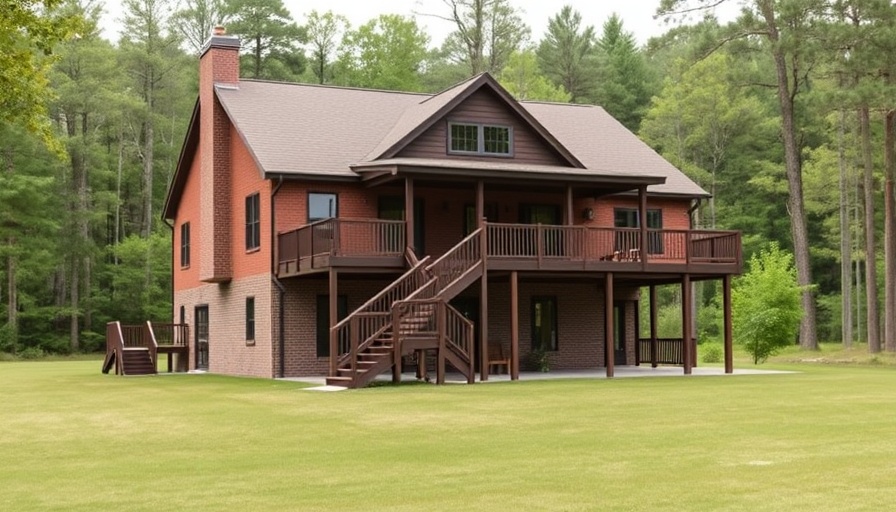 Elevated brick house with wooden deck and stairs surrounded by trees.