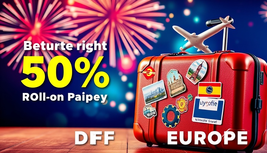 Vibrant travel ad with suitcase and airplane for 50% off Europe trips.