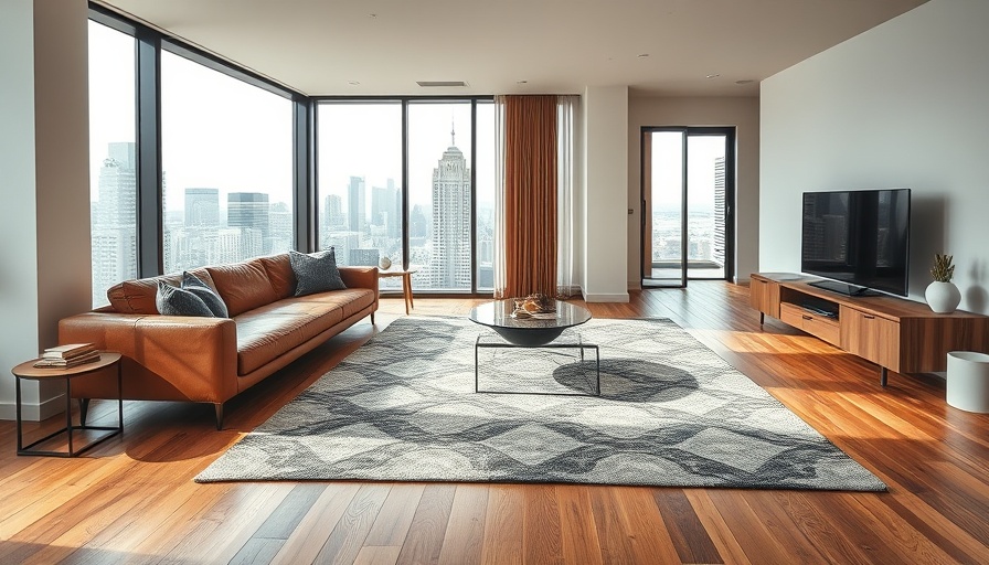 Modern living room with budget-friendly flooring and city view.