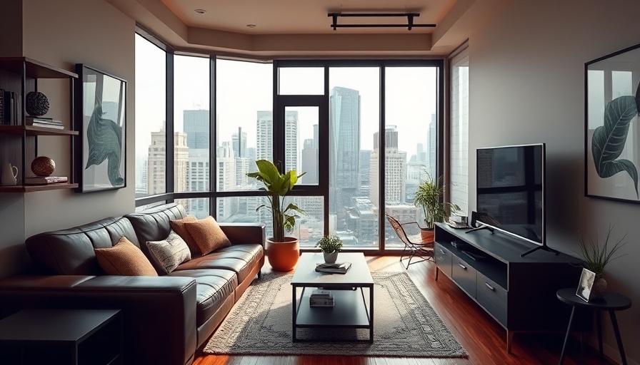 Optimized layout for small space in modern living room with city view.