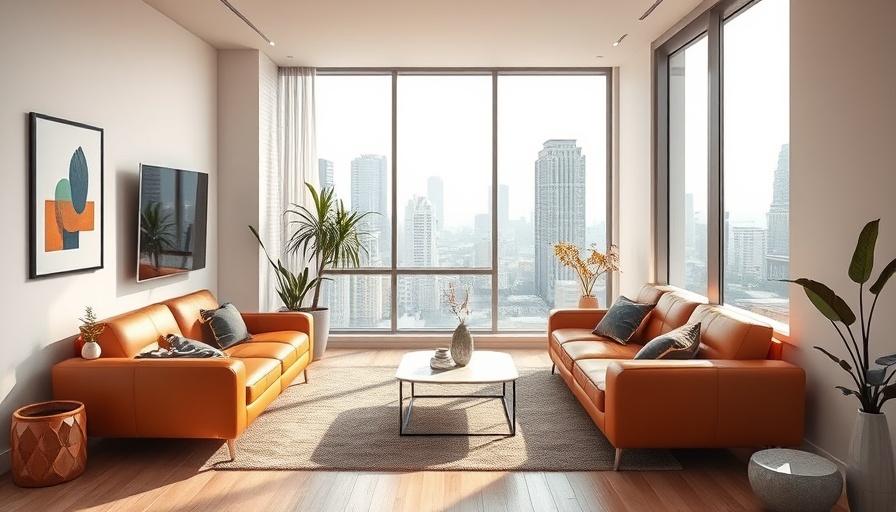 Optimized layout in a bright apartment living room with city views.