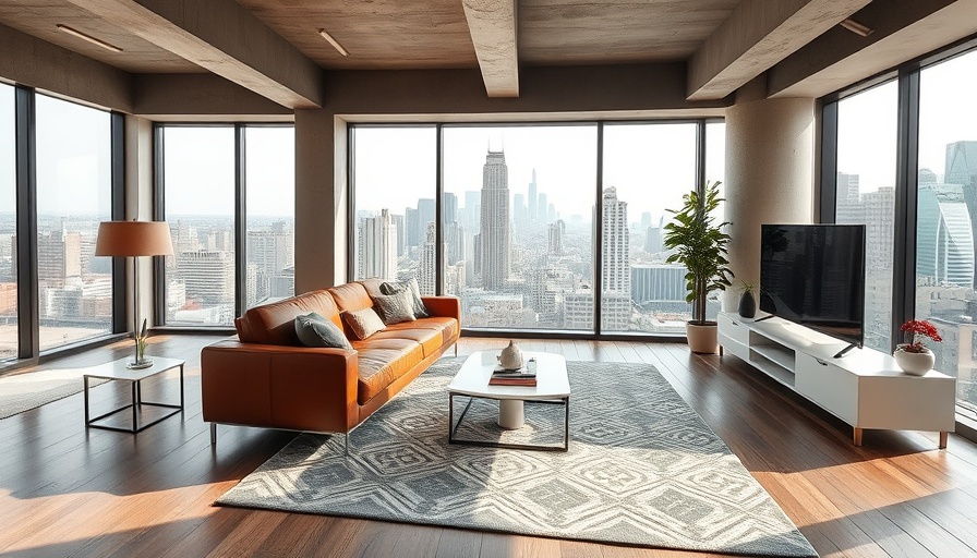 Modern living area with leather sofa and city view, minimalistic design.