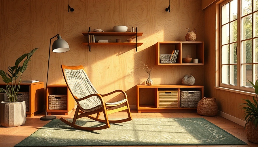 Cozy modern room with rocking chair and smart storage elements.