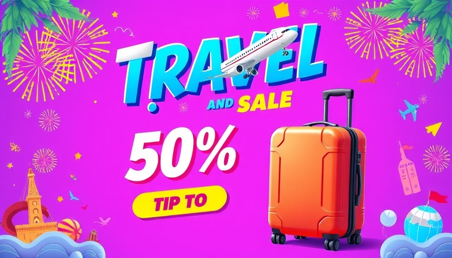 Travel advertisement with a plane and suitcase on purple background.