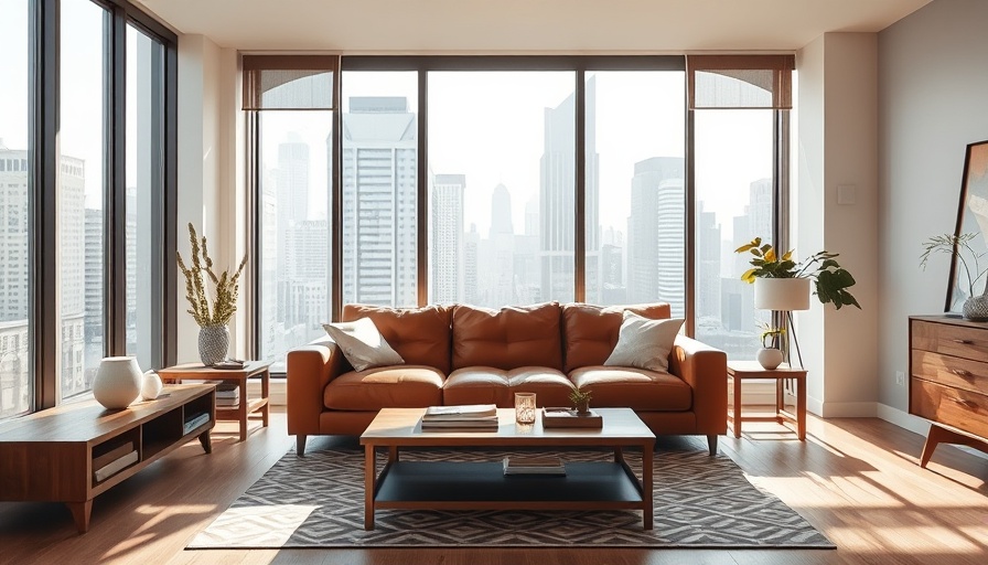 Modern living room with brown leather sofa and city view through large windows. Basement Insulation Compliance Brooklyn.
