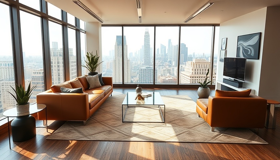 Smart lighting in a modern loft with city view.