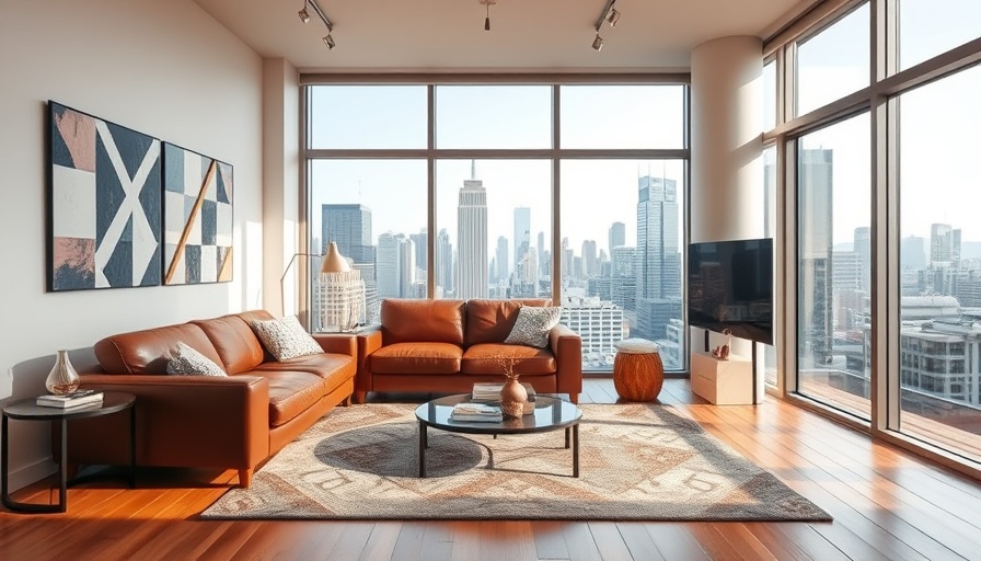 Urban living room with leather sofa and city view, highlighting modern design.