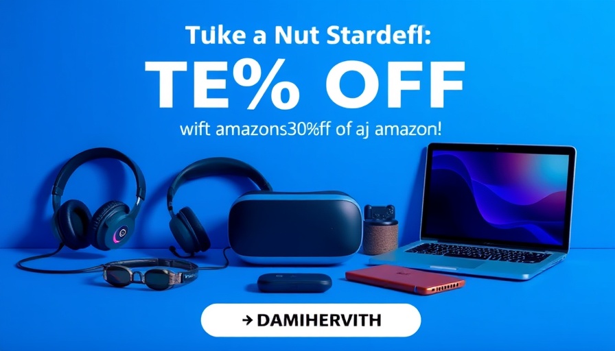Amazon discount ad with tech gadgets.