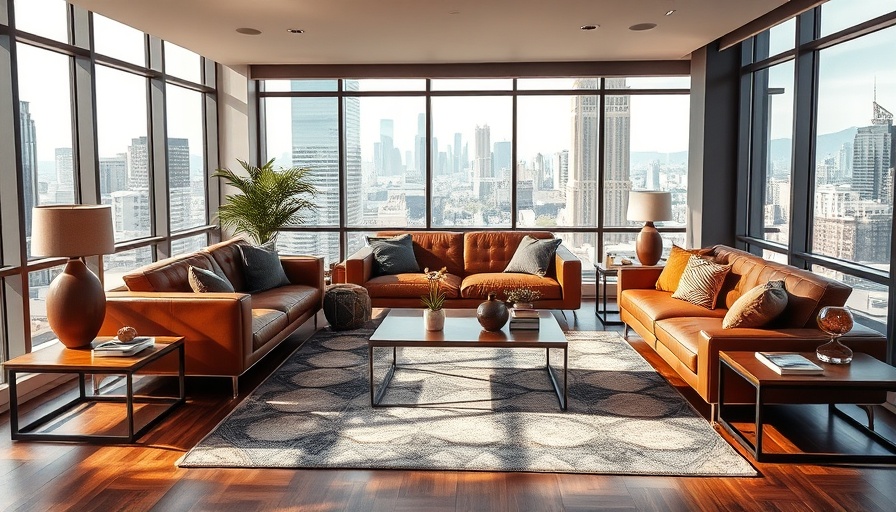 Modern living room with leather sofa and city view, exploring basement bedroom laws in Brooklyn.