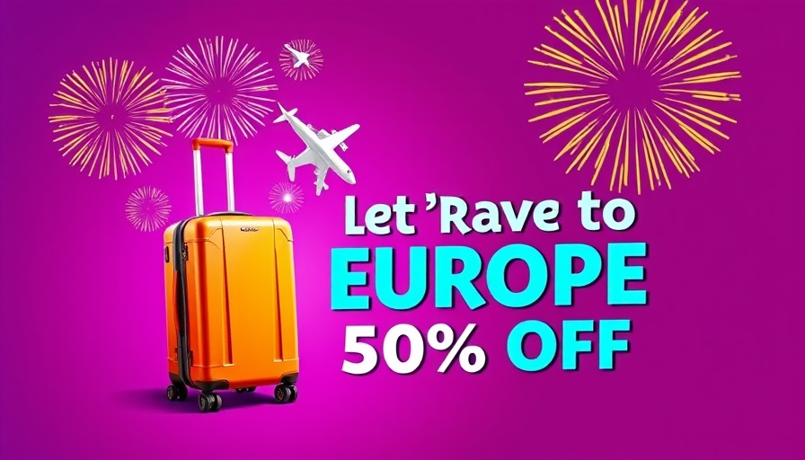 Travel Europe promo ad with suitcase and airplane on a purple background.
