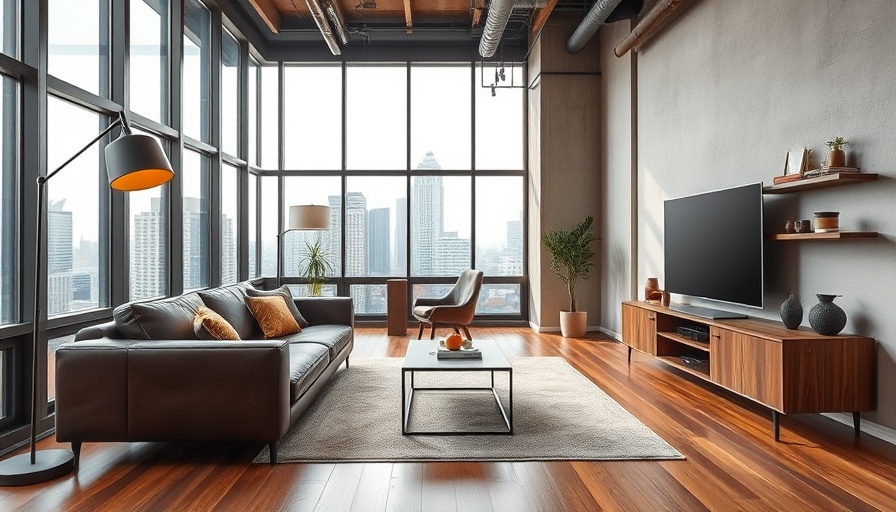 Modern urban living room with smart storage and stylish decor featuring city view.